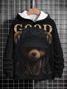 男童卫衣，酷炫耳机熊数码印花，休闲街头风 - 黑色 - 查看 2