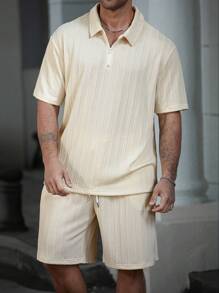 Manfinity Homme Plus Size Men Solid Color Short Sleeve Polo Shirt And Shorts Set - Apricot - View 3