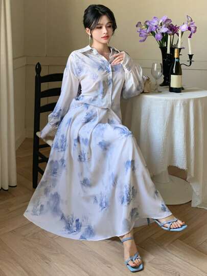 DAZY 2pcs Set: Casual Tie-Dye Oversized Blouse & Matching Skirt,Fall Women Clothes