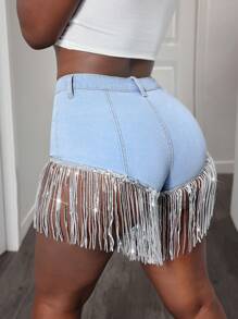 SHEIN Slayr Blue Denim Shorts For Women, Elastic Skinny Fit, Sexy Ripped Glitter Design, Fashion Summer - Blue - View 2