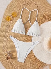 SHEIN Swim 2pcs/Set Women's New White Twist Tie Up Casual Holiday Bikini Swimwear Set, For Summer Beach Vacation - White - View 4