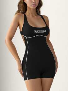 SHEIN ICON 性感露背字母印花连体衣