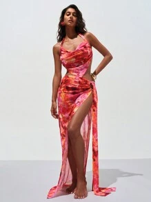 Opulessa 夏季度假服装女士海滩花卉印花波西米亚风波西米亚节针织网眼花卉印花垂领背心女式