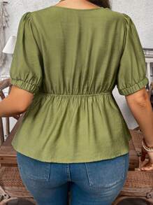 Flirla 大码女式优雅别致 V 领 A 字形蝴蝶结装饰短袖衬衫，通勤休闲度假装，春夏 - 綠色 - 查看 2