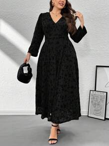 Firerie Plus Size Women Elegant Floral Olive Green Soft Mesh Print Loose A-Line Midi Dress, Comfortable For Casual Outings, Dates, Vacation - Black - View 5