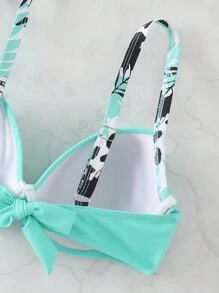 SHEIN Swim 女士纯绿色聚拢褶皱肩带沙滩装比基尼上衣夏季泳装 - 薄荷綠 - 查看 6