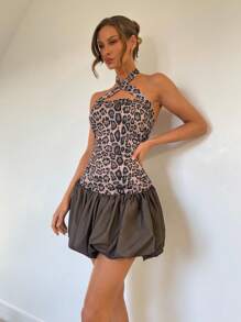 Chiquease Women's Halter Tie Sexy Fashion Leopard Print Contrast Mesh Puff Mini Dress, Spring/Summer - Brown - View 4