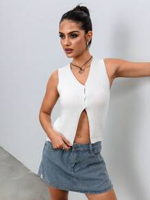 SHEIN Unity 女士 V 领纯色休闲修身不对称下摆春夏针织上衣 - 白色 - 查看 1