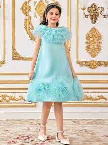 SHEIN Leap Crew 青少年女孩宽松优雅经典多层网眼立领 3D 花卉连衣裙套装 - 藍色 - 查看 6