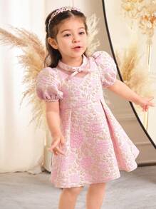 SHEIN 女婴甜美花卉提花和网眼拼接连衣裙，背面有大蝴蝶结，优雅简约的设计，粉色 - 粉色 - 查看 7