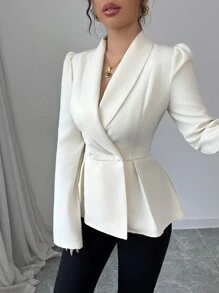 Modelyn 女士编织杏色收腰翻领双排扣长袖西装外套 - 杏色 - 查看 5