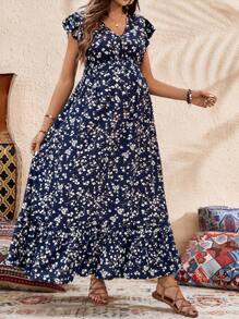 SHEIN 孕妇度假风碎花V领短袖连衣裙 - 藏蓝色 - 查看 3
