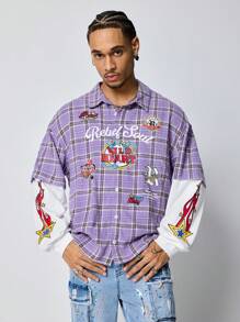 ROMWE MEN Prep 男式前扣格子拼接长袖休闲衬衫