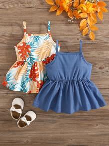 2 件装女婴牛仔效果无袖上衣，带叶子印花和荷叶边下摆，可爱休闲时尚，可搭配牛仔裤、裤子或裙子，夏季新品 - 彩色 - 查看 2