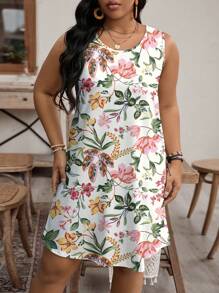 EMERY ROSE 大码女式休闲夏季花卉印花圆领无袖连衣裙，适合夏季 - 彩色 - 查看 4