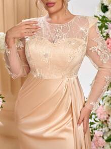 Glamrae Plus Size Champagne Elegant Floral Sequin Embroidery Patchwork Satin High Split Draped Luxury Formal Evening Gown, Wedding Guest Dress, Party Dress