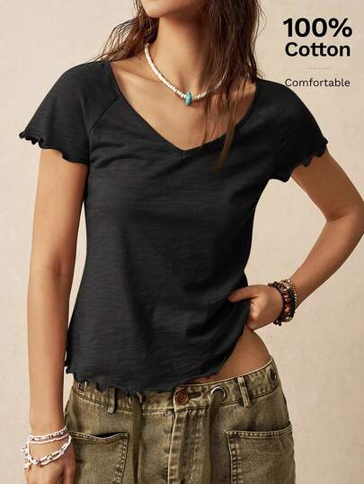 Bohemela Women's Vacation V-Neck Black T-Shirt, Casual Summer