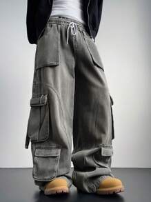 Manfinity EMRG Men's Light Blue Denim Cargo Baggy Jeans - Light Grey - View 1