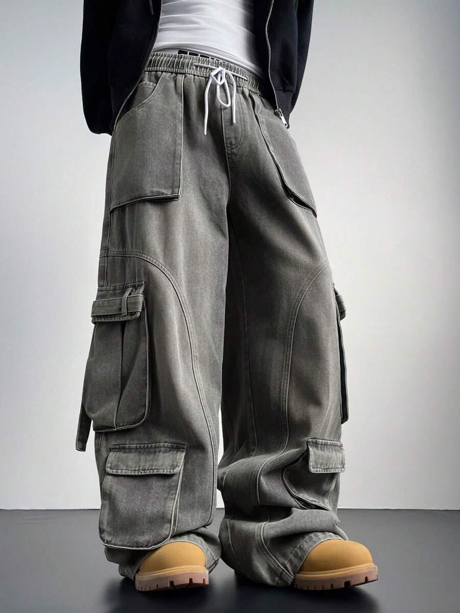 Manfinity EMRG Men's Light Blue Denim Cargo Baggy Jeans - Light Grey - View 1