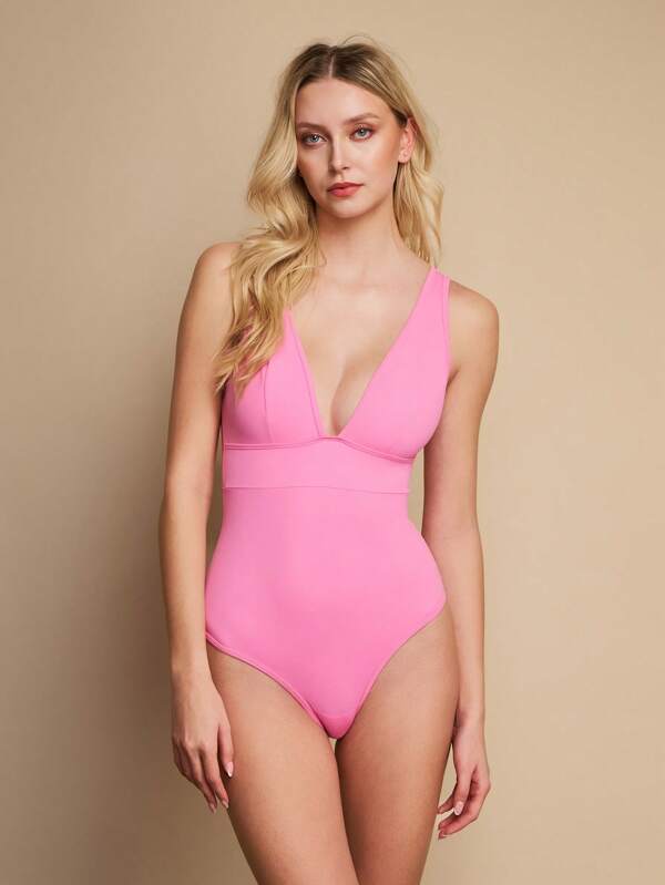 TryMe Elegant Solid Deep V-Neck Backless Bodysuit For Women