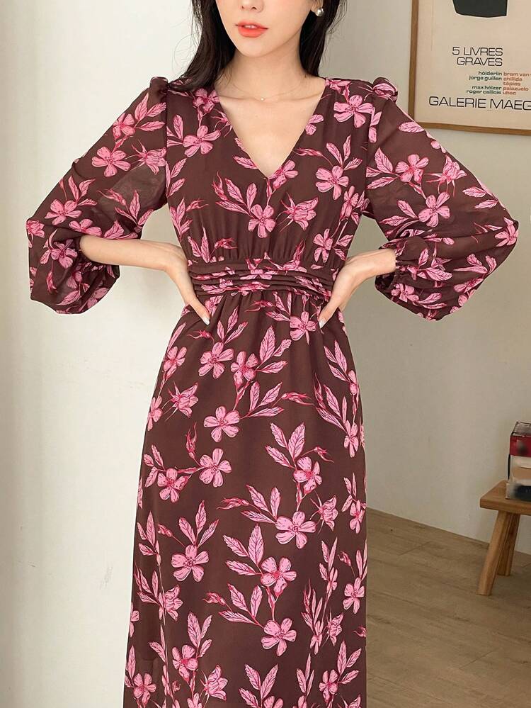 Women's Floral Print V-Neck Lantern Sleeve Dress,Fall Dress Long Sleeve Dress Maxi Dress