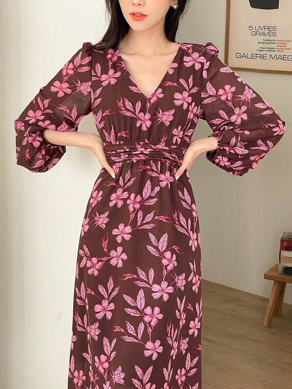 Women's Floral Print V-Neck Lantern Sleeve Dress,Fall Dress Long Sleeve Dress Maxi Dress