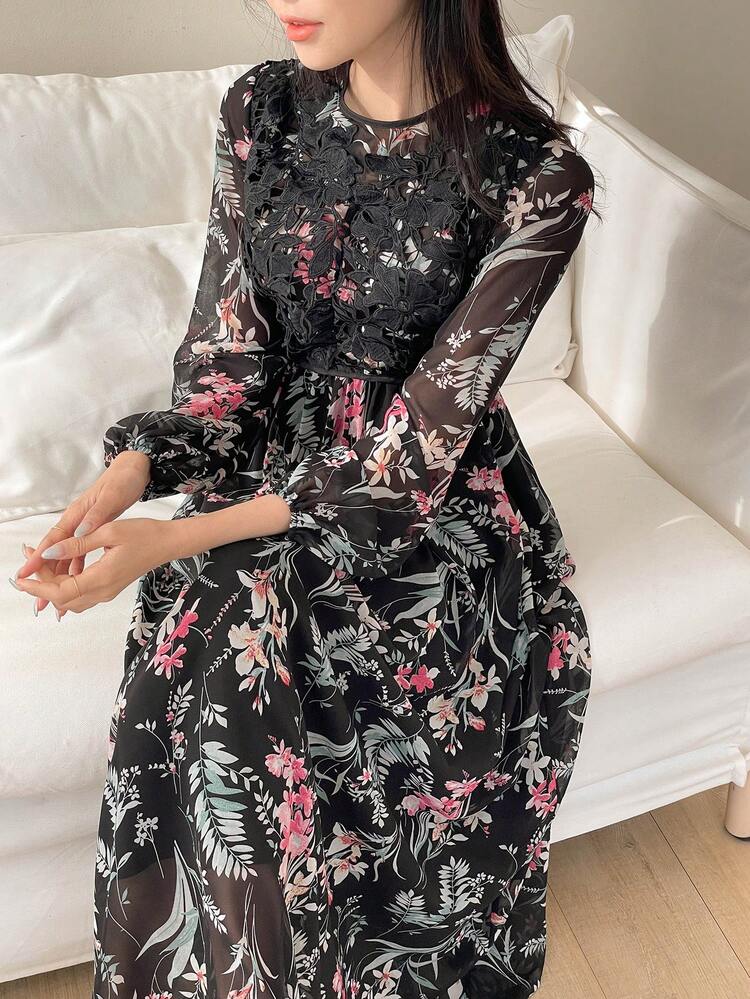 Women's Floral Print Lantern Sleeve Long Dress For Vacation, Fall Dress Long Sleeve Dress Boho
