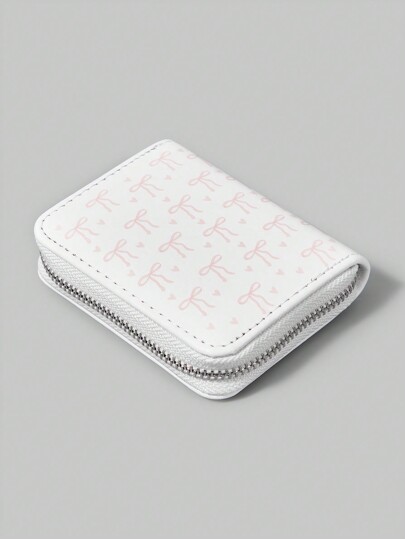 Kawaii Cartera compacta multifuncional con ranuras para tarjetas y diseño de lazo rosa para mujeres