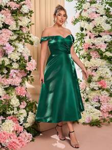 SHEIN Belle Plus Size Elegant & Luxurious Sequin Off Shoulder Mid-Calf A-Line Puffy Party Dress, Wedding Guest Dress, Prom Dress