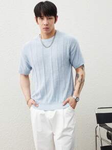 Manfinity CasualKnits Men's Solid Round Neck Short Sleeve Casual Knit Top - Blue - View 3