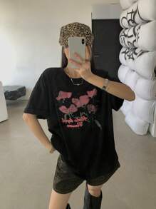 DAZY Women Floral Contrast Color Print Round Neck Short Sleeve T-Shirt Summer Cute Tops Oversized T-Shirt,Graphic Tees - Black - View 5