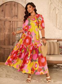 SHEIN Clasi Đầm Maxi In Tua Rua Tay Vai Rộng Viền Vá Nhiều Màu Cho Kỳ Nghỉ Mùa Hè Bãi Biển Size Lớn - Nhiều màu - Xem 3