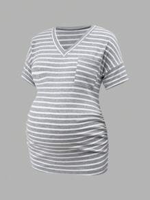 SHEIN Top ajustado de manga corta con escote en V para maternidad, uso casual diario - Blanco y Negro - Ver 13