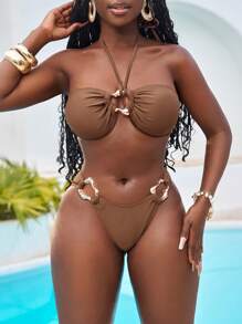 Slaydiva {'suggested_titles': 's Halter Bikini Set With Ring Detail And Short Sarong - Brown - View 7