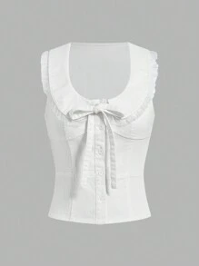 SHEIN MOD Áo vest denim nữ, áo ghi lê co giãn không tay nhún bèo dễ thương, màu trắng - trắng - Xem 1