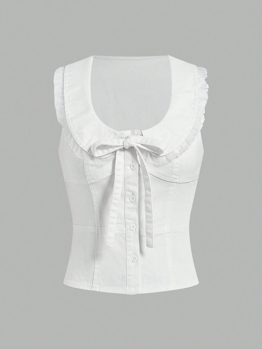 SHEIN MOD Áo vest denim nữ, áo ghi lê co giãn không tay nhún bèo dễ thương, màu trắng - trắng - Xem 1