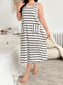 Striped Print Casual Long Night Dress