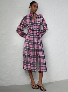 SHEIN Privé Vintage Elegant Chiffon Contrast Plaid Print PU Belt Women's Extra Long Shirt Dress - Multicolor - View 6
