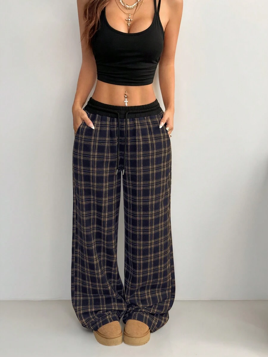 Coolane Women's Casual Loose Checked Wide Leg Pants