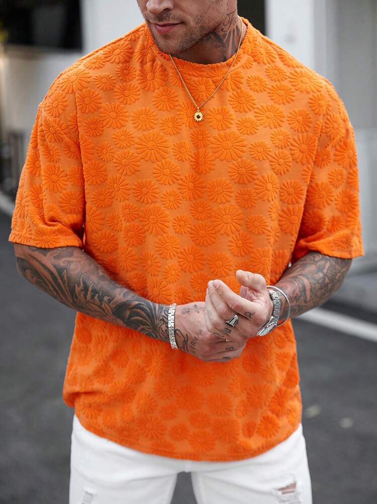 Manfinity Homme Men's Vacation Casual Style INS Round-Neck Short-Sleeve T-Shirt, Perfect For A Hawaiian Beach Vacation, As Well As Music Festivals And Everyday, Making It An Excellent Gift For Boyfriends Or Husbands. Suitable For Pairing In All Four Seasons, Especially Spring And Summer. - Orange - View 3