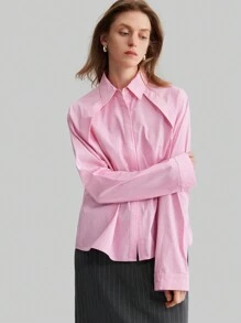 Ontre Women's Solid Color Front Button Pink Long Sleeve Blouse, Simple And Elegant, Suitable For Commuting And Daily Wear, Versatile - Pink - View 6
