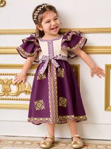 SHEIN Leap Crew Baby Girl Elegant & Graceful Ruffle Patchwork Fitted Mid-Length Dress - Purple - View 5