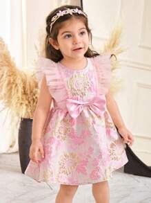 SHEIN Leap Crew Baby Girl Elegant Chiffon Dress With Jacquard Weave, Flutter Sleeves, Bow Decor, Ruched Swing Hem, Formal Dress, Pink - Pink - View 1