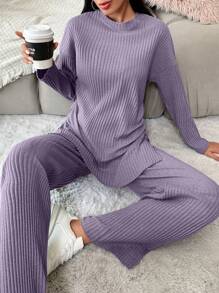 EURMUSE Set de 2 piezas de algodón con top y pantalones de unicolor y diseño sencillo - Lila Púrpura - Ver 3