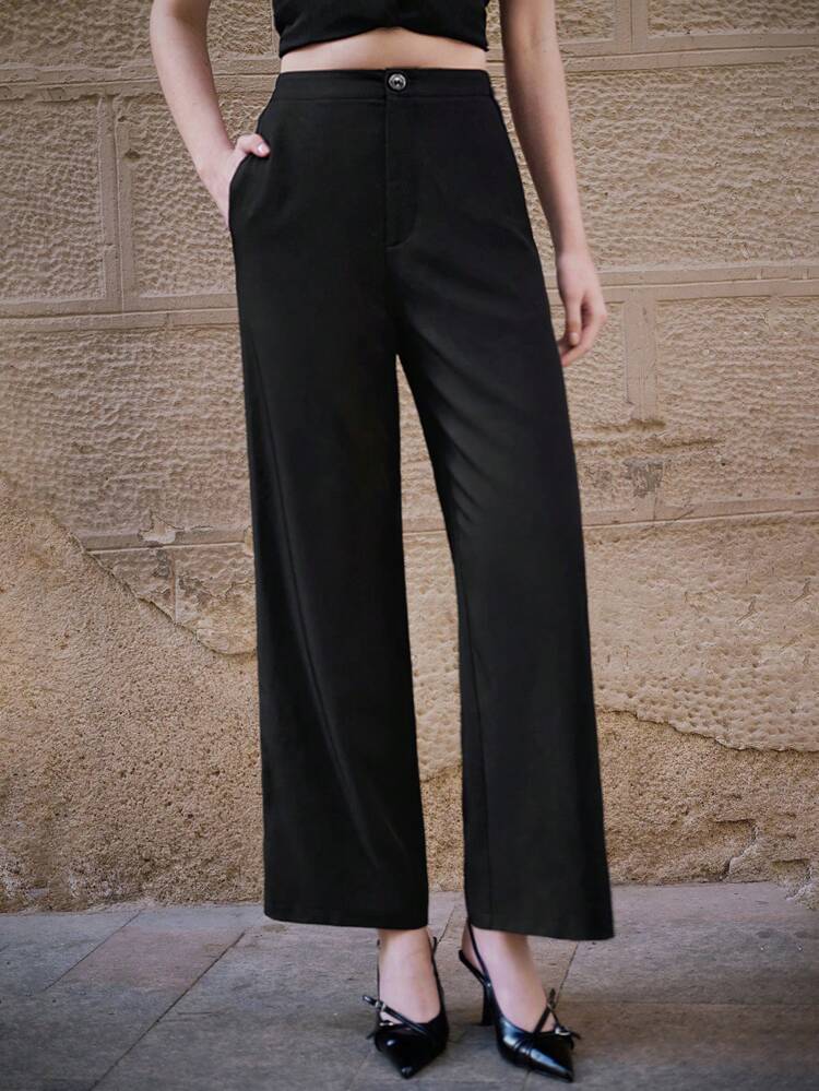 SHEIN Maija Spring And Summer New Style Black Woven Women's Trousers, Suit Pants, Urban, Modern And Elegant, Daily Casual Commuting, Suitable For Going Out, Vacation, Parties, Weddings And Dates.