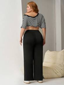 SHEIN EZwear Plus Size Black High Stretch Form-Fitting Yoga Fabric Straight Leg Pants, Spring/Summer