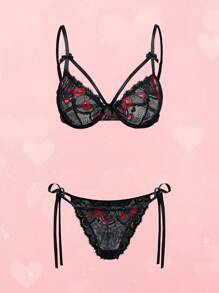 ROMWE Goth 哥特式浪漫心形笼式文胸配绑带蝴蝶结开裆内裤性感内衣套装
