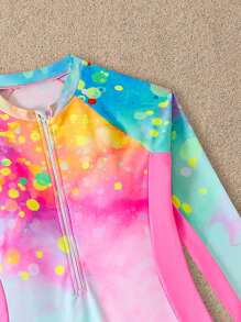 SHEIN 青少年女孩扎染印花长袖连体泳衣（配平角裤）