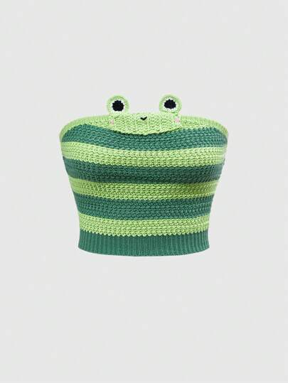 Summer Kawaii Frog Striped Women Knitted Top