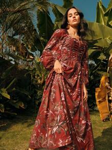 Anewsta Vestido largo elegante de flores de campana rojo ladrillo para mujer, para primavera/verano, vacaciones - Burdeos - Ver 7